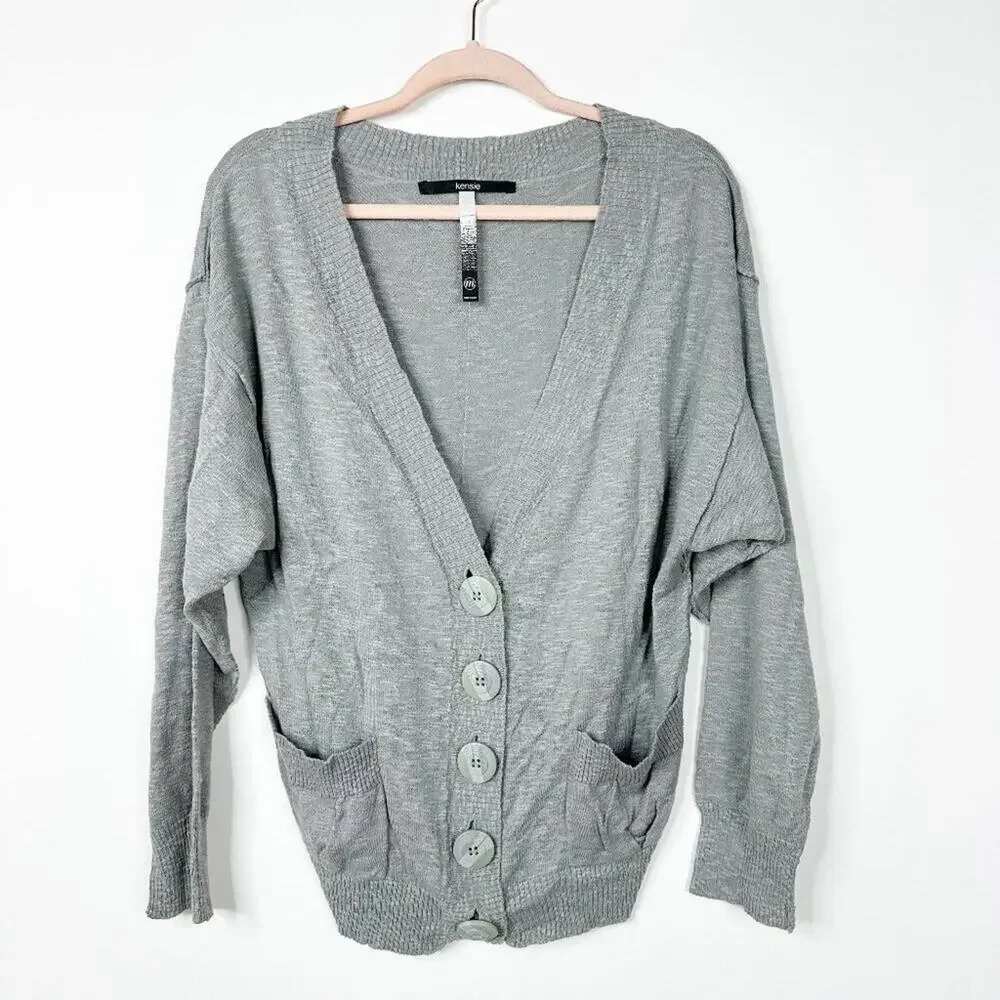 2/$30 Kensie Big Buttons V-Neck Cardigan Pockets Gray Medium #A0463 TRB3